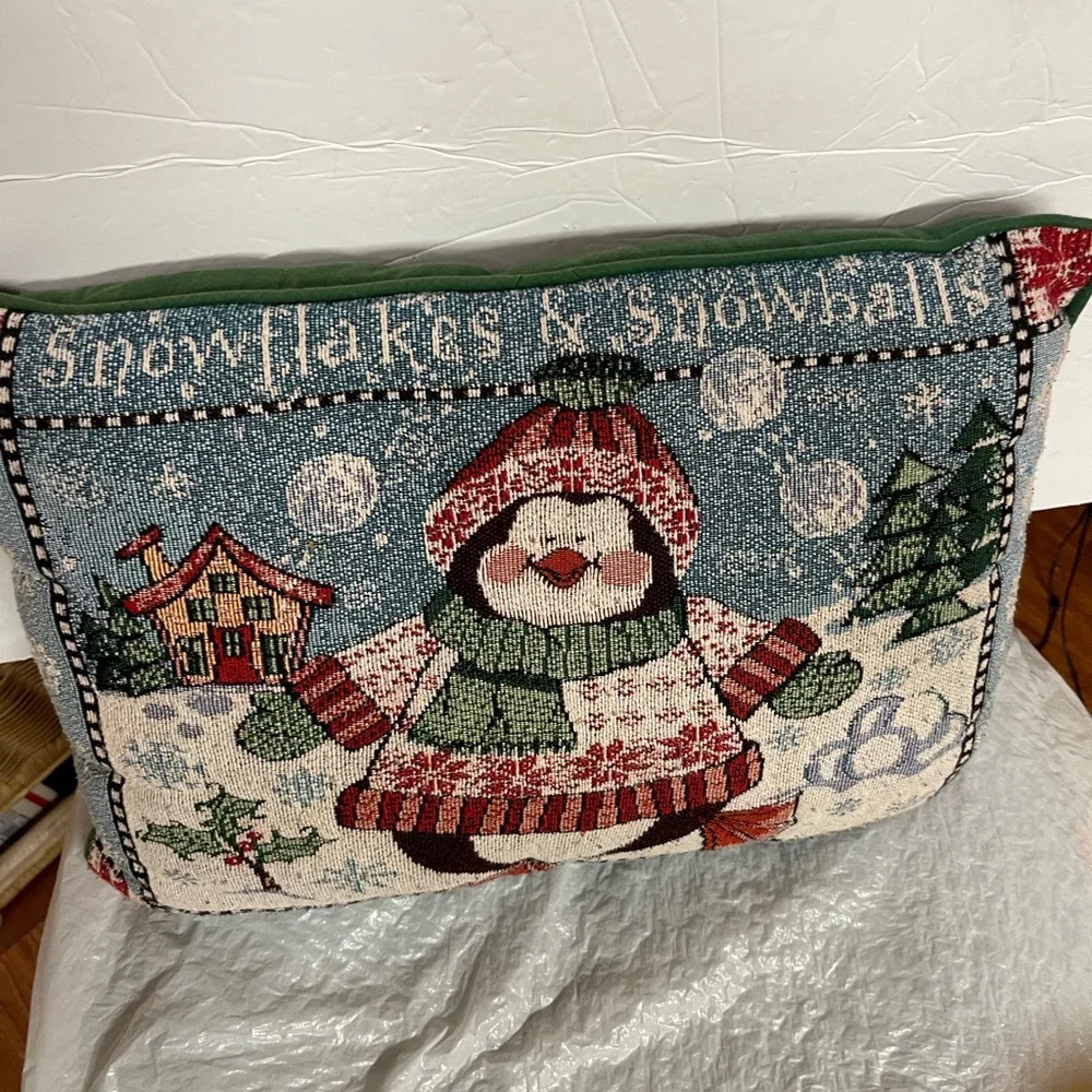 Snowflakes & Snowballs Penguin Pillow 18x12”